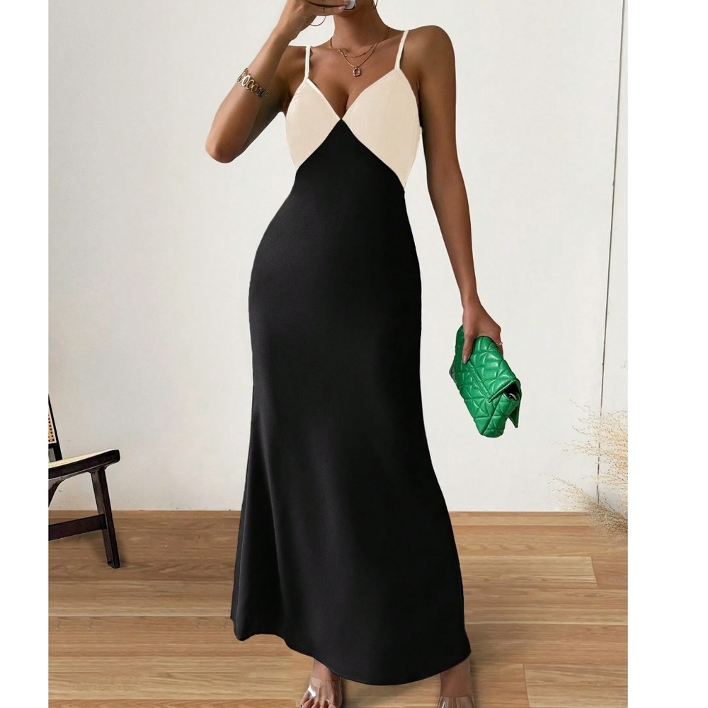 Colorblock Plunging Neck Zipper Cami Strap Slip Maxi Dress - Picture 4 of 7